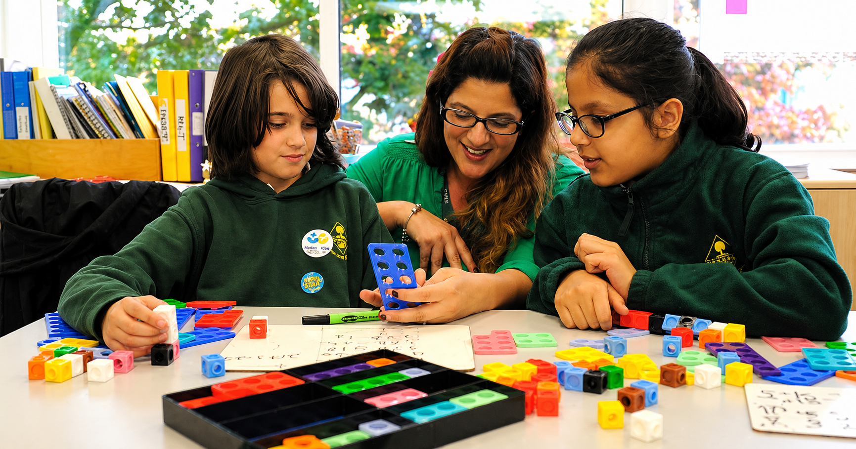 KS2 pupils using practical maths resources with a teacher